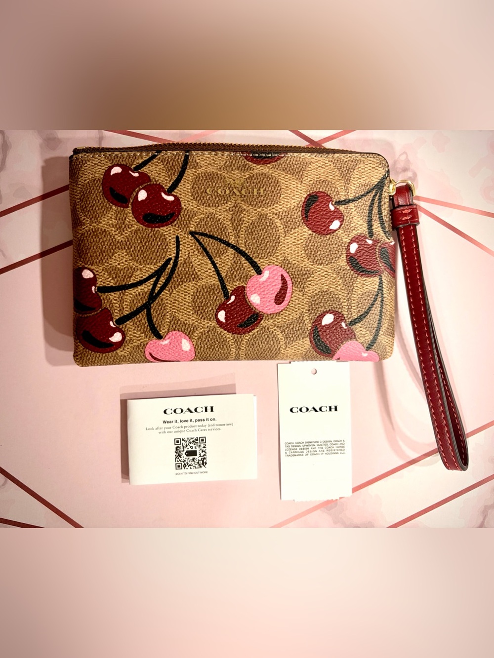 Coach Cherry Print Zip Wallet in Brown, Pink & Red